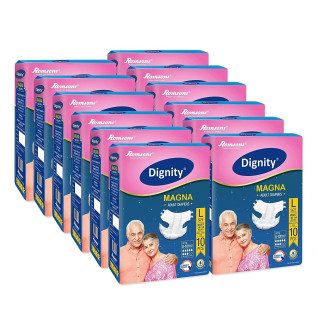 Dignity Magna Adult Diapers, Large.10 Pcs/Pack (Pack of 12), 120 Pcs