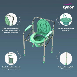 Tynor Commode Chair L-35 for Elderly, Foldable Portable Toilet Seat Chair with Backrest, Ideal for Home Use and Travel