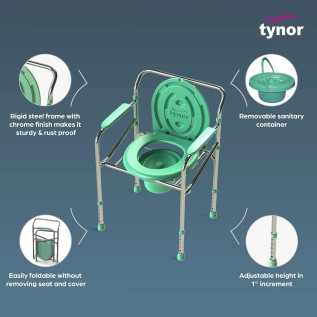 Tynor Commode Chair L-35 for Elderly, Foldable Portable Toilet Seat Chair with Backrest, Ideal for Home Use and Travel