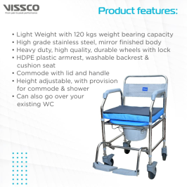 Vissco PC 9969 Comfort SS Shower Commode Wheelchair – Height Adjustable & Rustproof Design