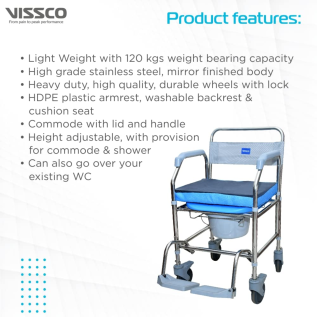 Vissco PC 9969 Comfort SS Shower Commode Wheelchair – Height Adjustable & Rustproof Design