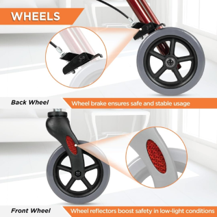 Side view of Vissco rollator walker with seat and basket