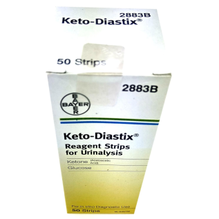 Keto-Diastix urine test strips with result chart