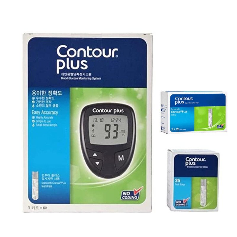 Contour Plus Blood Glucose Monitoring System Glucometer with 75 Strips (Pack of 25 + 50 Strips), Multicolour